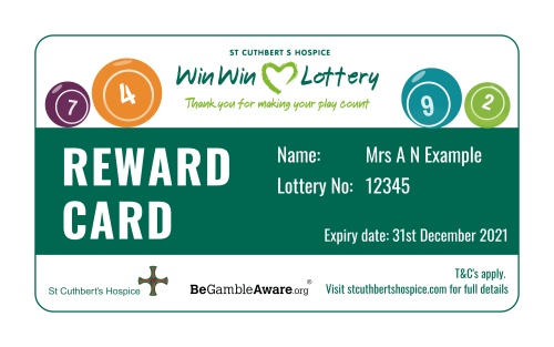Graphic based image. Lottery balls with numbers, Test to say: St Cuthbert's Hospice Win Win Lottery, thank you for making your play count, Reward Card, be gamble aware, T&C apply, visit stcuthbertshospice.com for full details
