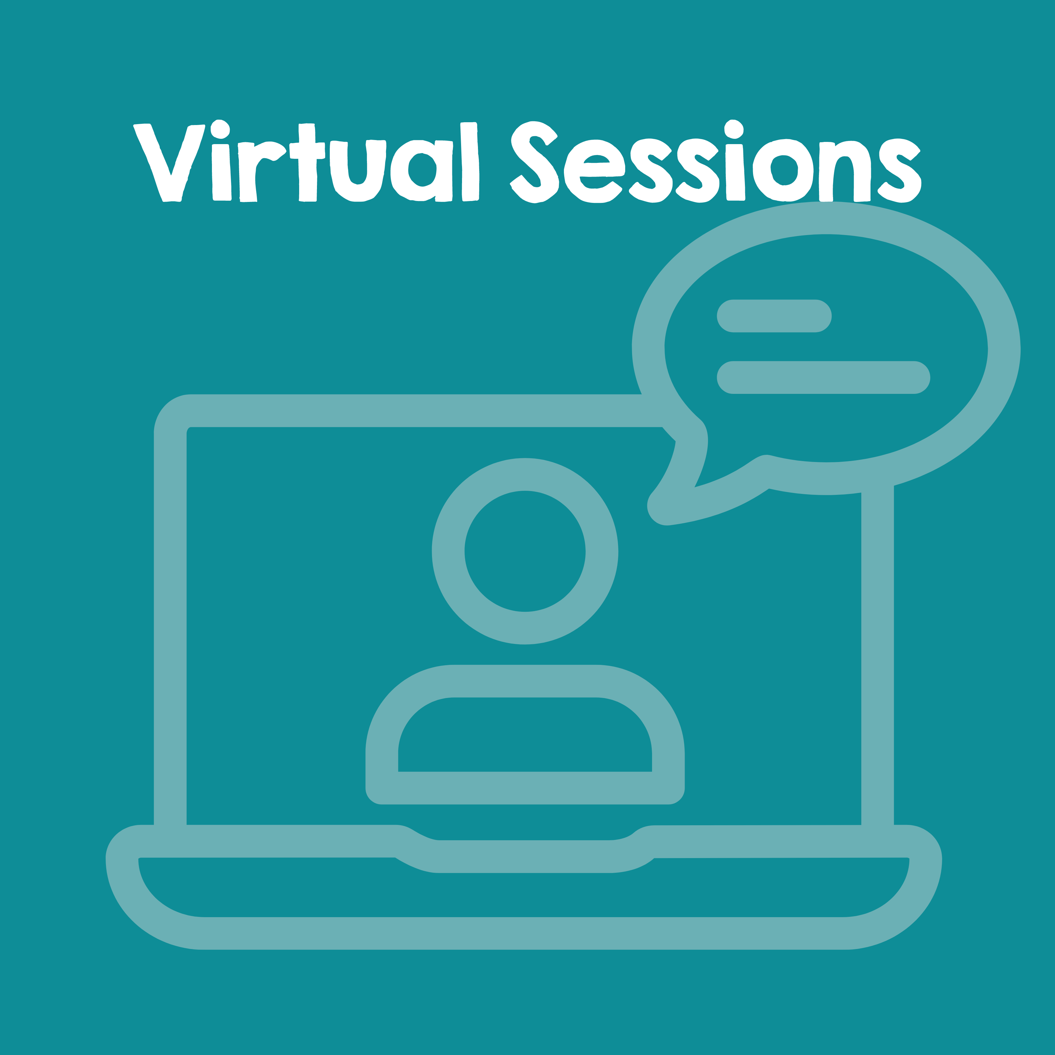 Virtual Sessions and graphic of laptop with person icon and speech bubble