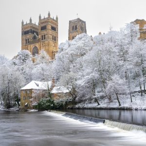 Durham Cathedral as seen from the riverside on a frosty snowy day