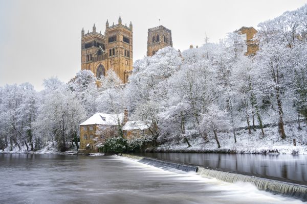 Durham Cathedral as seen from the riverside on a frosty snowy day