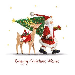 illustration of festive Christmas wishes featuring Santa carrying a Christmas tree followed closely by Rudolph
