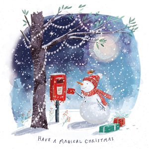 A Christmas card depicting a smiling snowman next to a decorated mailbox, capturing a joyful winter scene.