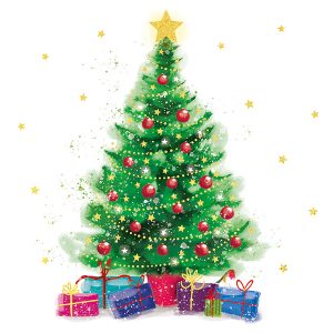 Christmas tree illustration featuring colorful presents underneath