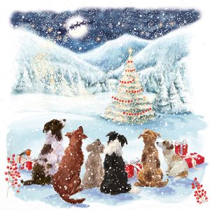 A Christmas card featuring dogs sitting together in the snow, looking toward the skies, a Christmas tree in the backgound.