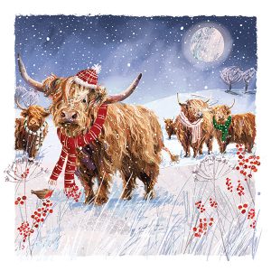 A winters scene depicting Highland cows in a snowy field. They are wearing winter scarves.