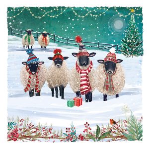 A whimsical Christmas card showcasing four sheep in stylish hats and scarves, capturing a joyful winter scene.