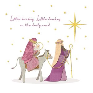 Christmas Card image showing Mary on a donkey, baby in arms following a star.